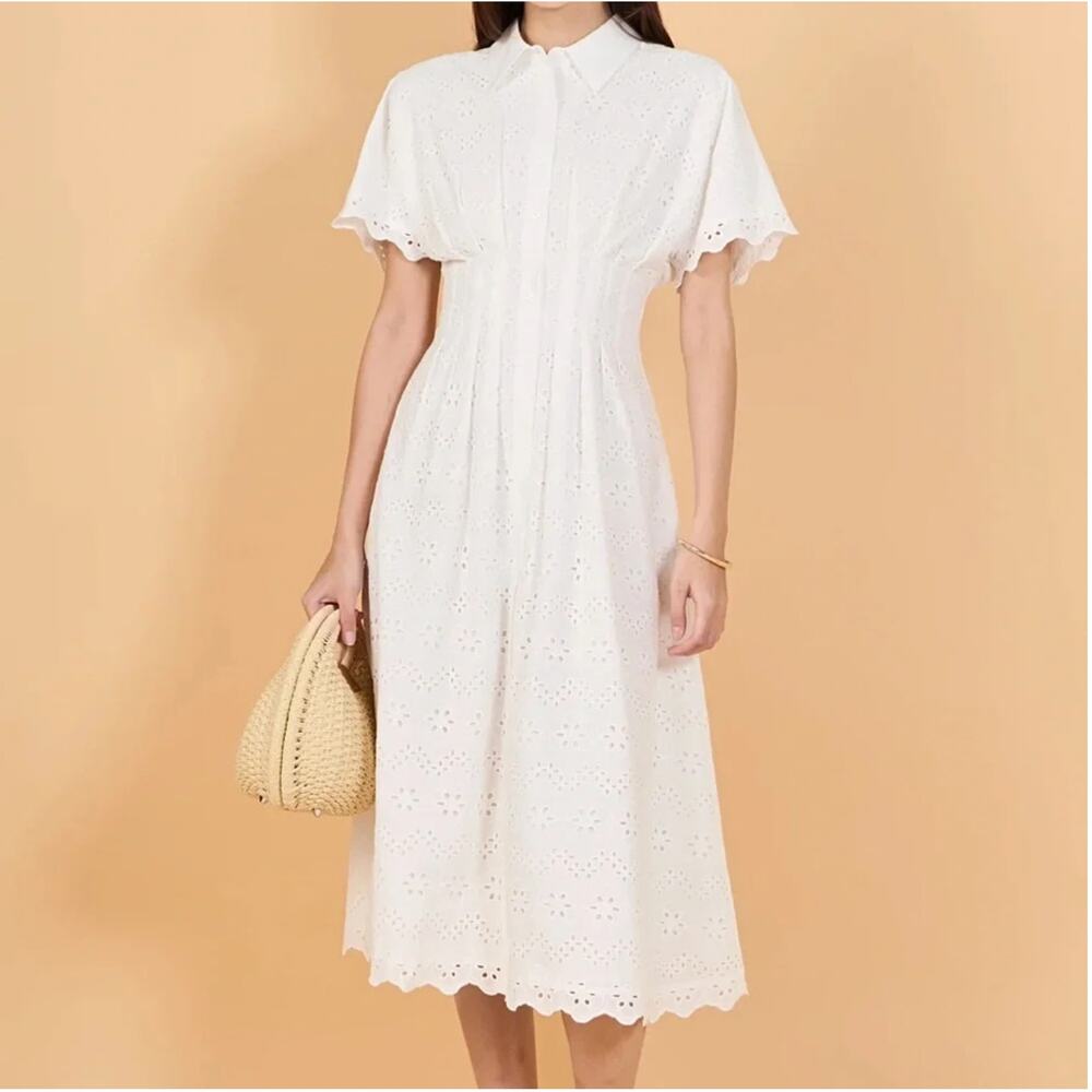 NWOT English Factory White Eyelet Collared Midi Dress Sz M